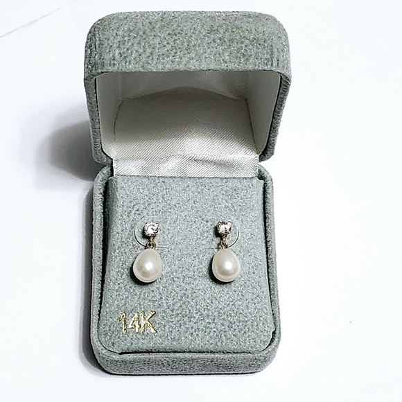 Dangle 14KY gold PEARL Stud Earrings NEW - Picture 8 of 8